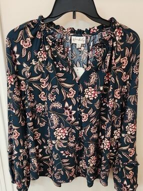 Wonderly Dark Teal Floral Tie-Neck Blouse